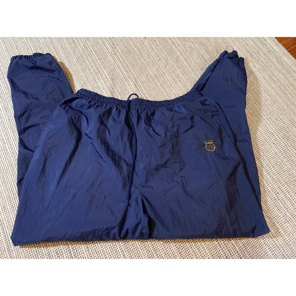 Vtg Y2K Navy Nylon Track Pants Athleisure Swishy K Swiss XL 32-40" Waist Lined
